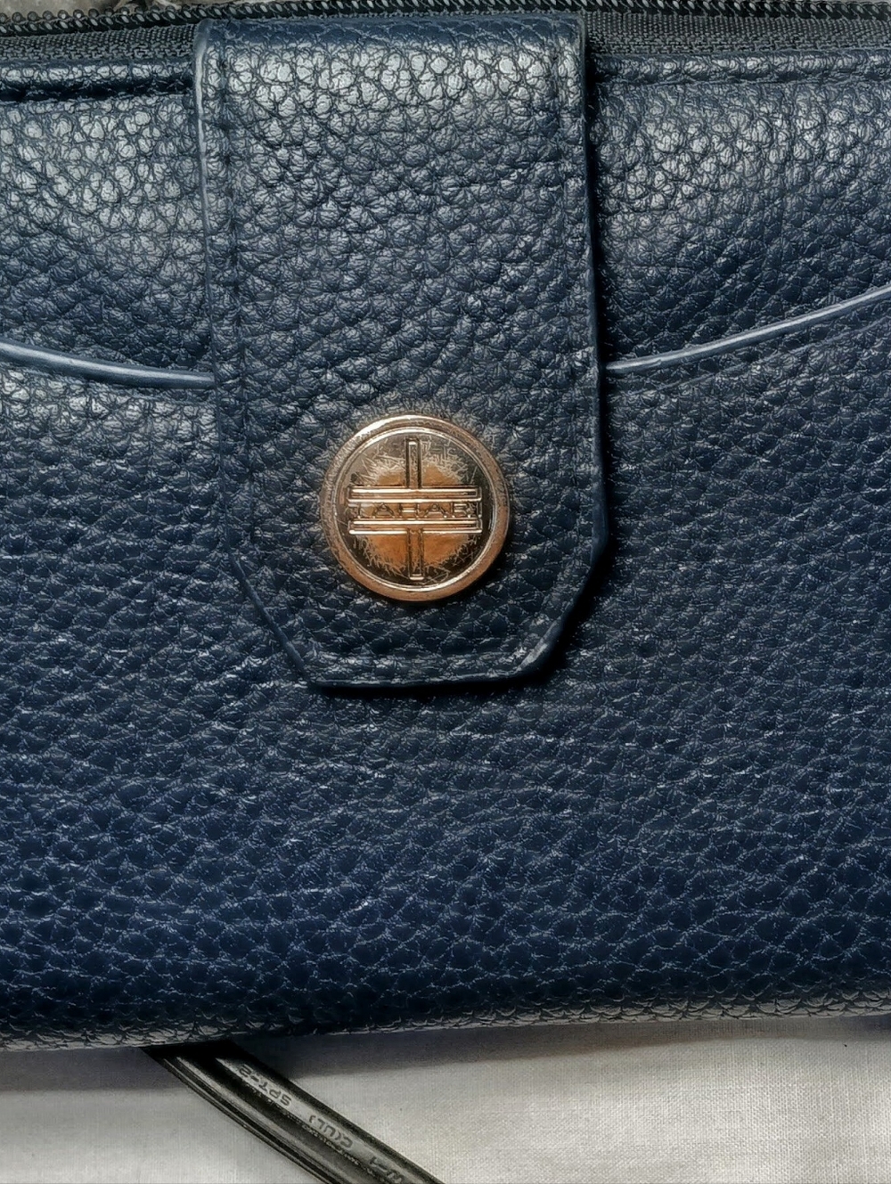 Tahari Navy Pebbled Leather Wallet with Gold-Tone Button
